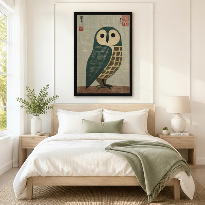 Japanese barn owl art print in black frame above bed as bedroom wall decor with sage green accents