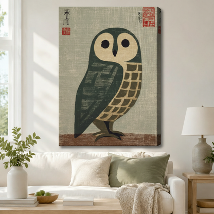 Japanese style barn owl canvas wall art hung above white sofa in bright Scandinavian living room