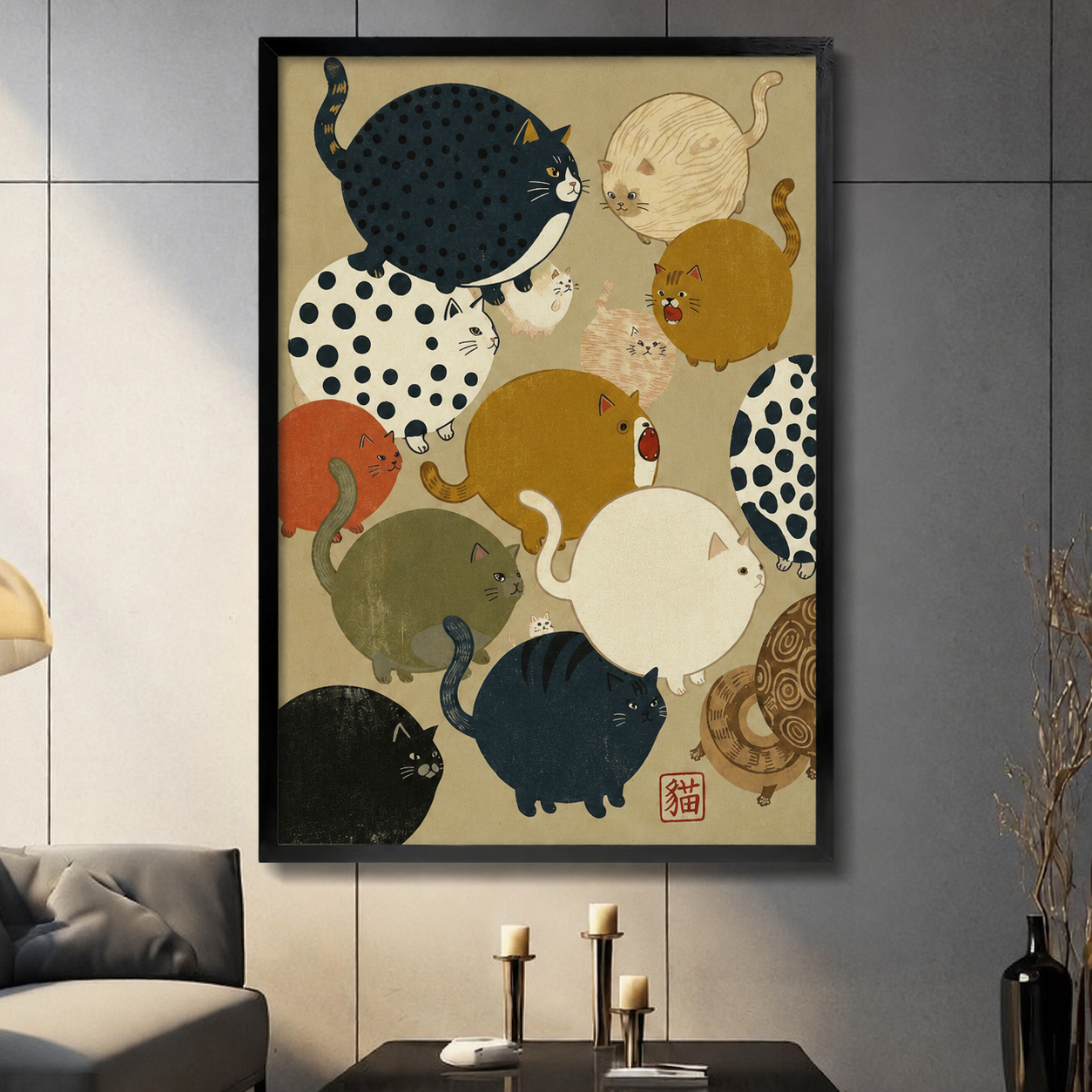 Japanese ukiyo-e style chubby cats framed wall art in modern living room, colorful fat cat collection poster with black frame on dark gray wall