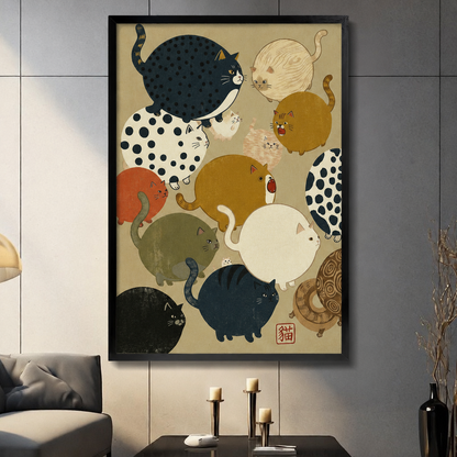 Japanese ukiyo-e style chubby cats framed wall art in modern living room, colorful fat cat collection poster with black frame on dark gray wall