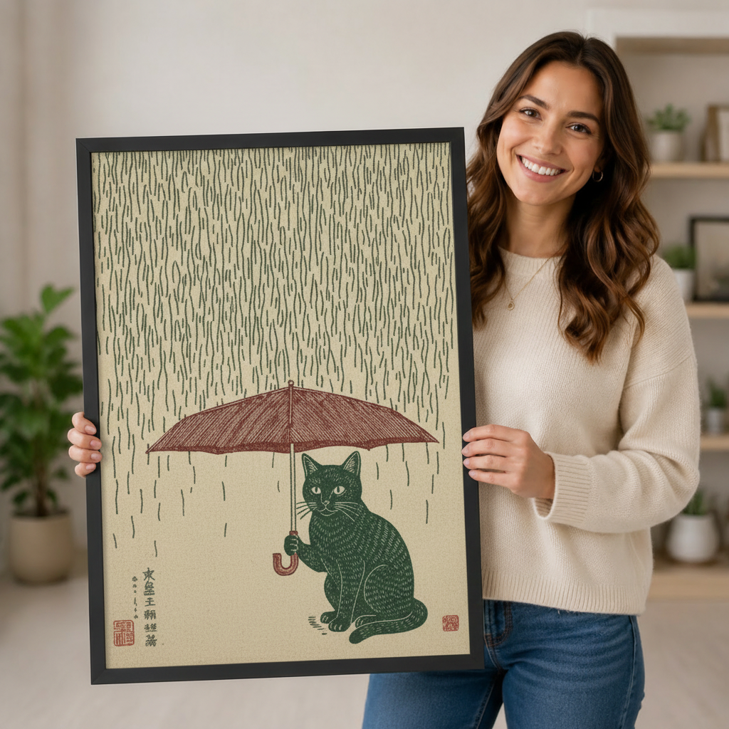 Woman holding a large framed Japanese woodblock-style wall art print of a green cat with a red umbrella in the rain, showcasing print size and black frame detail