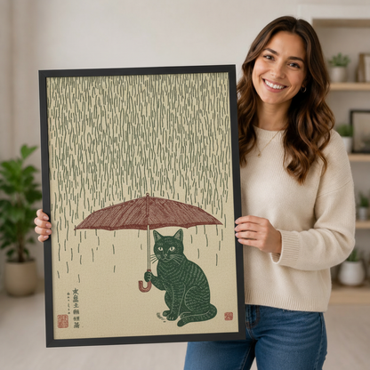 Woman holding a large framed Japanese woodblock-style wall art print of a green cat with a red umbrella in the rain, showcasing print size and black frame detail