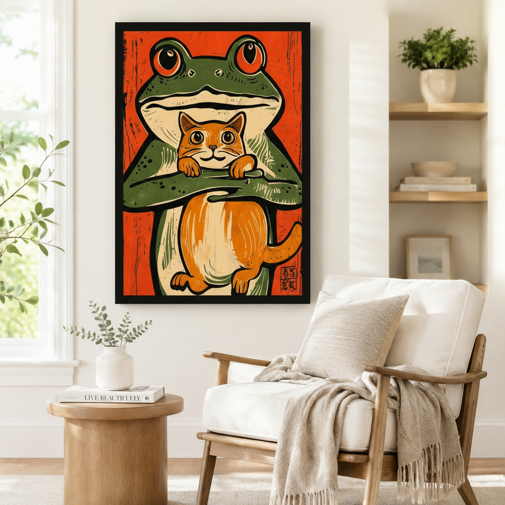 Framed wall art print of a bold green frog cradling an orange tabby cat on a red woodgrain background in Japanese print style, styled beside a linen armchair and round side table