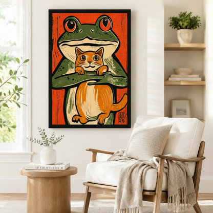 Framed wall art print of a bold green frog cradling an orange tabby cat on a red woodgrain background in Japanese print style, styled beside a linen armchair and round side table