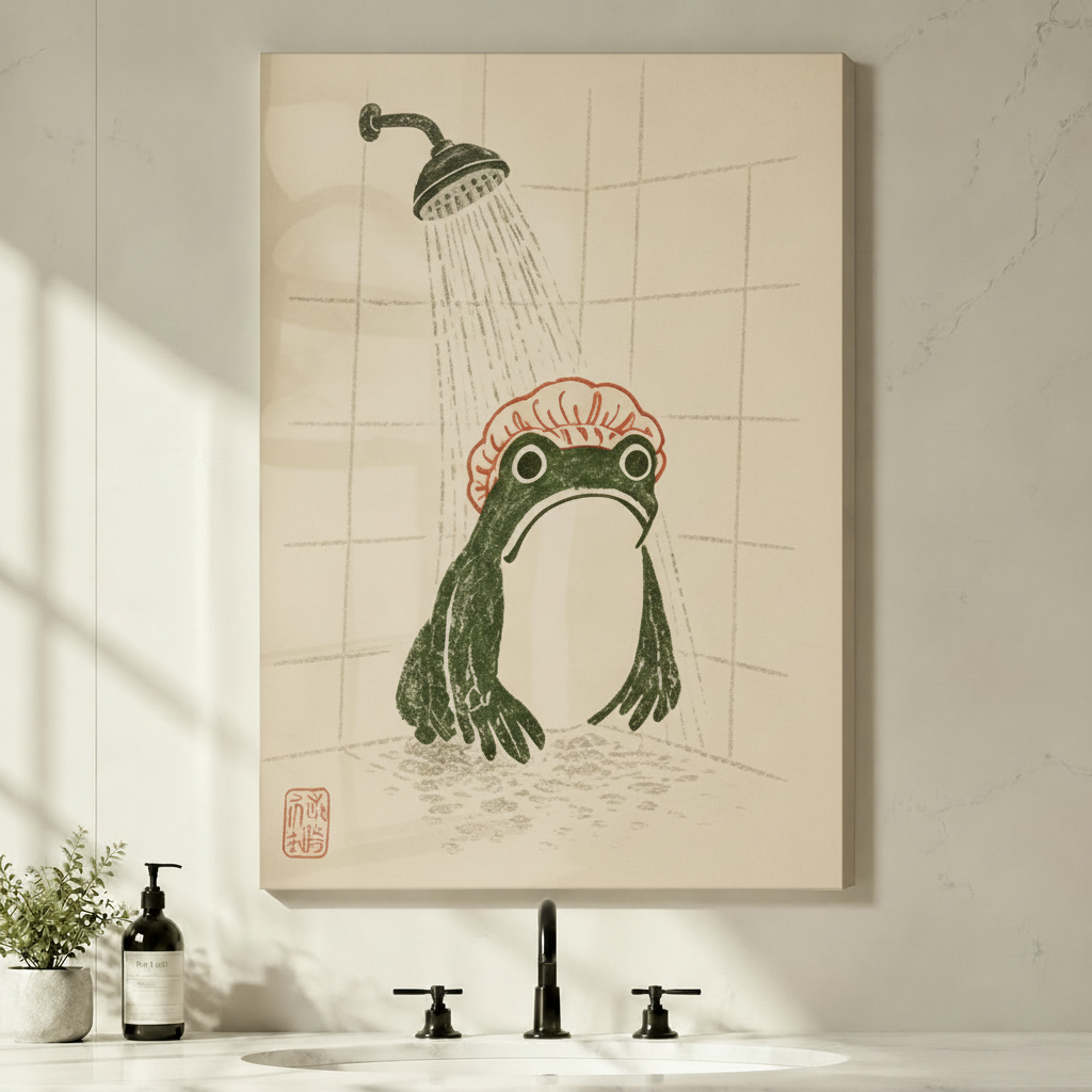 Stretched canvas wall art of a whimsical Japanese woodblock print style frog in a shower featuring a round dark green frog with a pink ruffled shower cap under a vintage showerhead with falling water in a tiled bathroom corner with a red chop seal on a warm cream aged paper background, displayed above a minimalist black faucet sink with a soap dispenser and greenery
