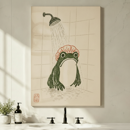 Stretched canvas wall art of a whimsical Japanese woodblock print style frog in a shower featuring a round dark green frog with a pink ruffled shower cap under a vintage showerhead with falling water in a tiled bathroom corner with a red chop seal on a warm cream aged paper background, displayed above a minimalist black faucet sink with a soap dispenser and greenery