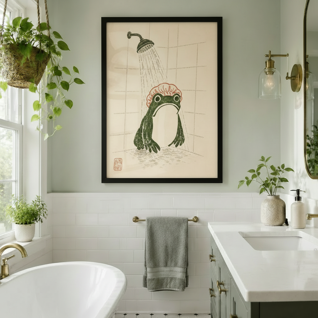Black framed whimsical Japanese woodblock print frog shower canvas art with a plump dark green frog in a pink ruffled shower cap standing under a vintage rainfall showerhead in a sketched tile shower with a red seal stamp on a warm aged parchment background, hung in a bright bathroom with a freestanding white soaking tub, white subway tiles, gold hardware, a towel bar, hanging potted plants, and a double vanity with gold sconce lighting