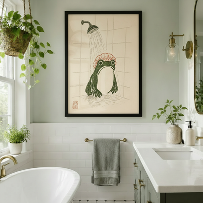 Black framed whimsical Japanese woodblock print frog shower canvas art with a plump dark green frog in a pink ruffled shower cap standing under a vintage rainfall showerhead in a sketched tile shower with a red seal stamp on a warm aged parchment background, hung in a bright bathroom with a freestanding white soaking tub, white subway tiles, gold hardware, a towel bar, hanging potted plants, and a double vanity with gold sconce lighting