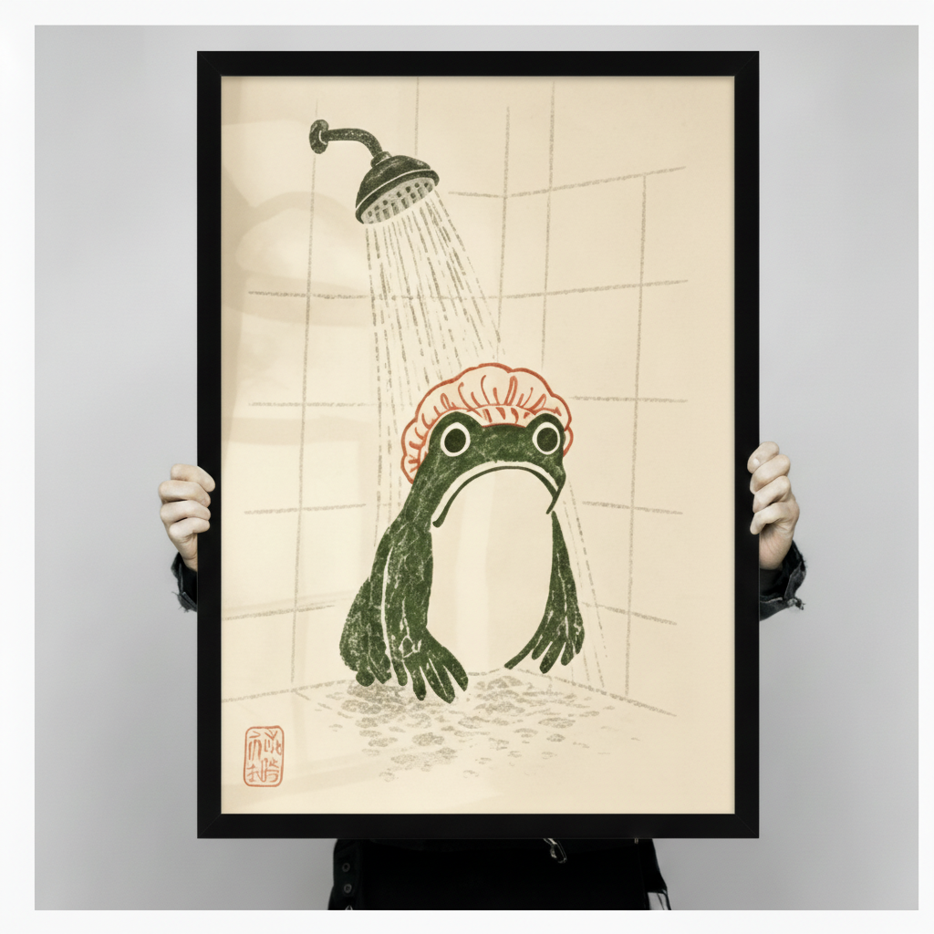 Person holding a large vertical black framed Japanese woodblock frog shower canvas art print showing a round dark green frog with a pink ruffled shower cap under a vintage showerhead with cascading water in a tiled shower corner with a red chop seal on a warm aged cream parchment background against a light gray background