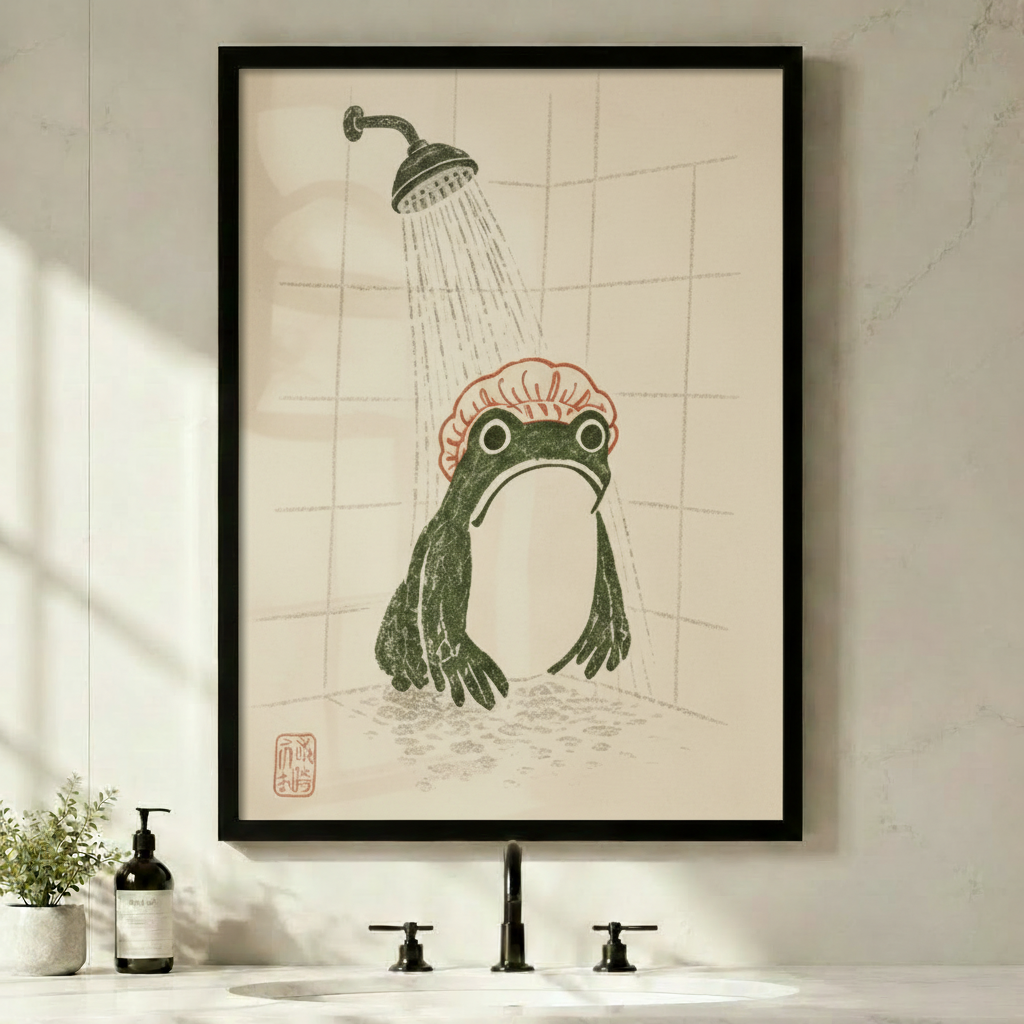 Black framed Japanese woodblock frog shower canvas art with a plump dark green frog wearing a pink ruffled shower cap standing under a vintage rainfall showerhead in a tiled shower with a red seal stamp in the lower left on a warm aged parchment background, displayed above a minimalist bathroom sink with a black faucet, soap dispenser, and small potted plant