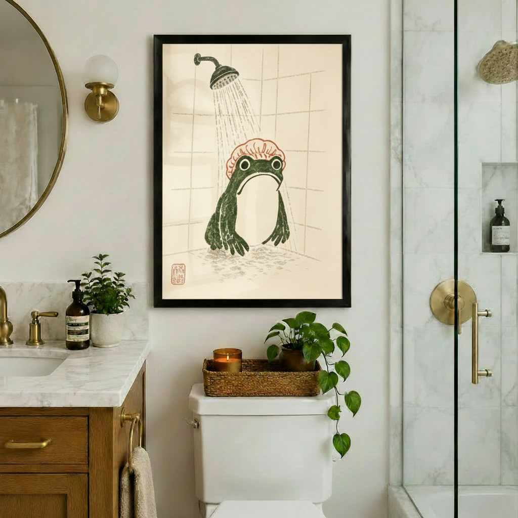 Black framed Japanese woodblock frog shower canvas art showing a chubby dark green frog wearing a pink shower cap standing under a vintage rainfall showerhead in a sketched tile shower with a red seal stamp on a warm parchment background, hung above a toilet in an elegant bathroom with marble countertops, a wood vanity, gold hardware, a round mirror, a glass shower enclosure, and lush green plants