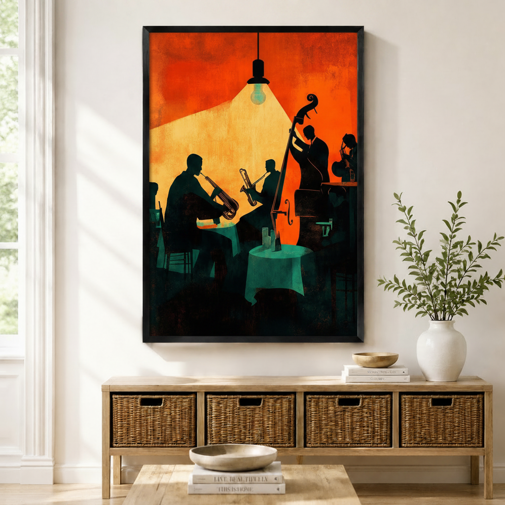 Framed retro jazz band wall art print featuring silhouetted musicians playing trumpet, saxophone, and double bass under a warm pendant light against a bold orange background, displayed above a wicker console in a bright entryway