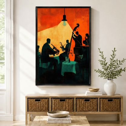 Framed retro jazz band wall art print featuring silhouetted musicians playing trumpet, saxophone, and double bass under a warm pendant light against a bold orange background, displayed above a wicker console in a bright entryway