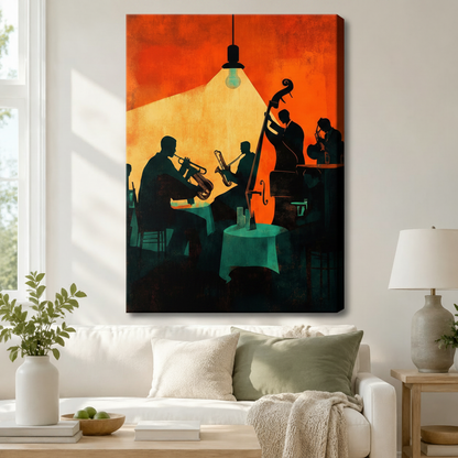 Stretched canvas vintage jazz music wall art depicting a silhouette quartet performing in a moody club scene with amber and teal tones, hung above a white sofa in a modern living room