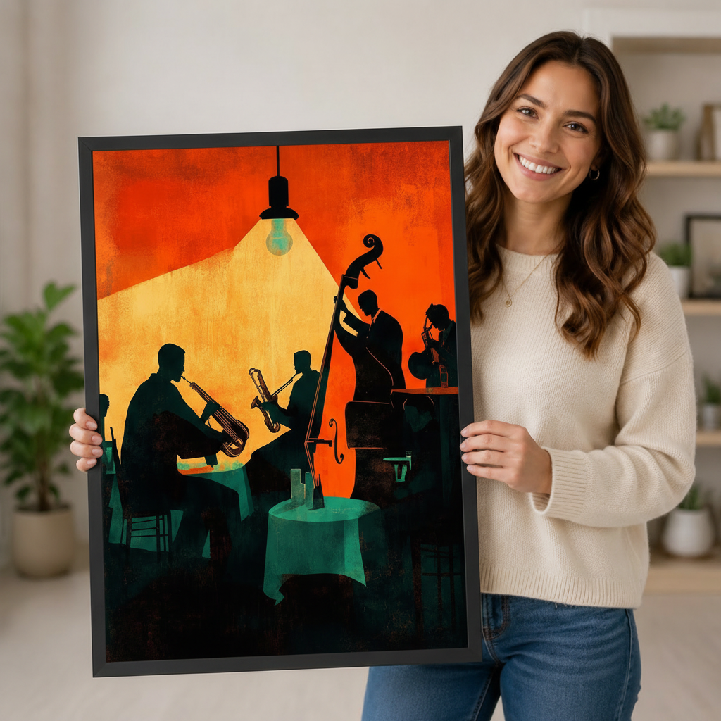 Smiling woman holding a large framed jazz band wall art print with bold orange and teal tones, showing black frame finish and print scale against a home interior background