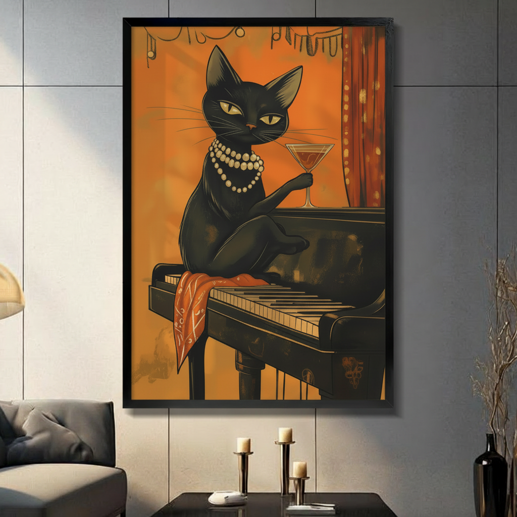 Retro black cat with pearl necklace holding martini on piano — framed wall art in moody living room decor