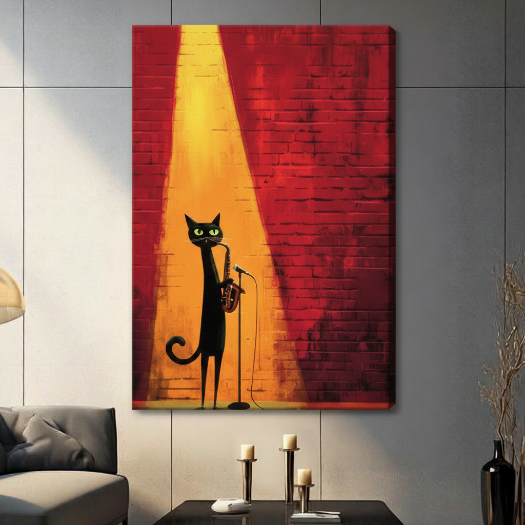 Stretched canvas jazz black cat playing saxophone on stage wall art featuring a tall slender black cat with piercing green eyes blowing a golden saxophone at a microphone stand under a dramatic warm amber spotlight beam cutting through a deep crimson red textured brick wall in moody painterly style, hung on a gray panel wall above a dark gray sofa