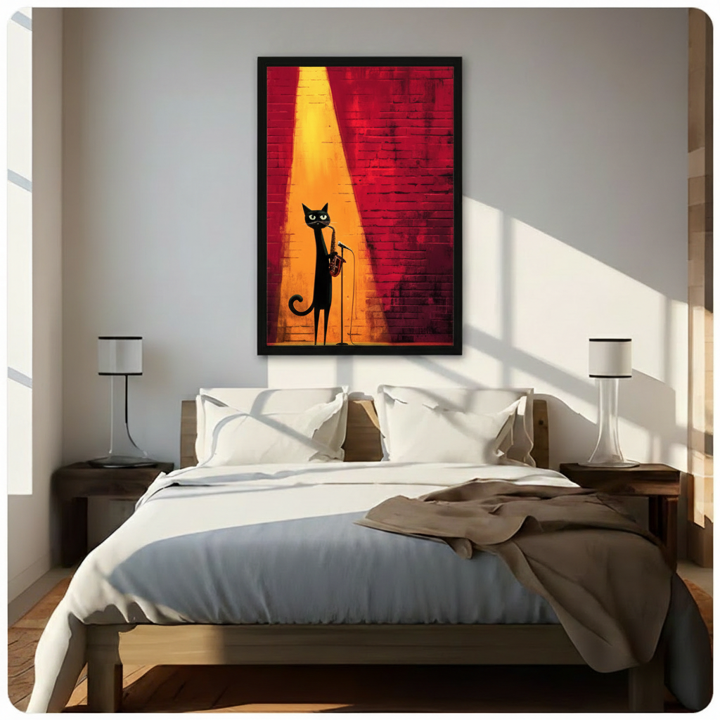 Black framed jazz black cat playing saxophone on stage canvas art with a sleek elongated black cat with piercing yellow-green eyes playing a golden saxophone at a mic stand bathed in a warm golden spotlight beam against a deep red textured brick wall in bold moody painterly style, hung above a dark wood bed with white linen bedding in a sunlit bedroom