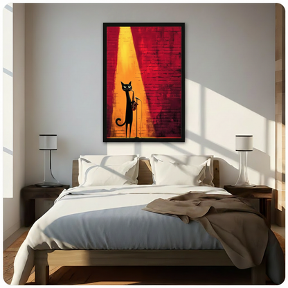 Black framed jazz black cat playing saxophone on stage canvas art with a sleek elongated black cat with piercing yellow-green eyes playing a golden saxophone at a mic stand bathed in a warm golden spotlight beam against a deep red textured brick wall in bold moody painterly style, hung above a dark wood bed with white linen bedding in a sunlit bedroom