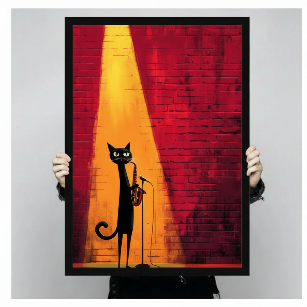 Hands holding a large black framed jazz black cat playing saxophone on stage canvas art print with a sleek tall black cat with glowing green eyes playing a golden saxophone at a microphone stand under a dramatic warm amber spotlight beam against a deep crimson red textured brick wall in bold moody painterly style
