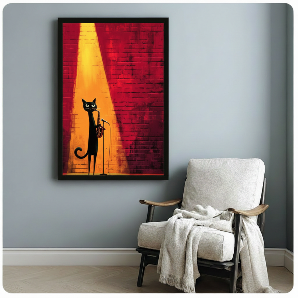 Black framed jazz black cat playing saxophone on stage canvas art showing a lean elongated black cat with bright yellow-green eyes performing on saxophone at a mic stand illuminated by a bold warm golden spotlight against a moody deep red brick wall background in expressive painterly style, displayed beside a white linen wood-frame folding chair with a cream throw