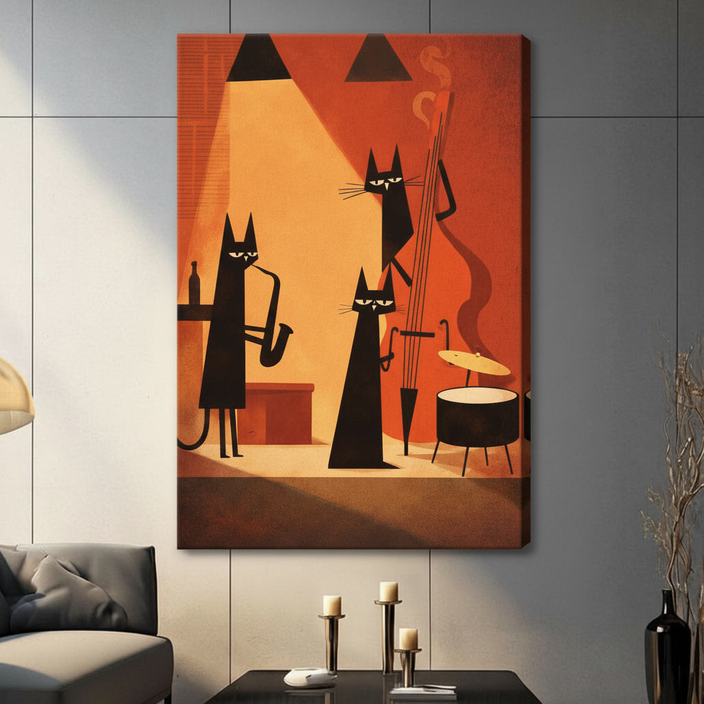 Unframed canvas print of a retro jazz cat band with black cats playing instruments on a warm orange background hung in a contemporary grey living room