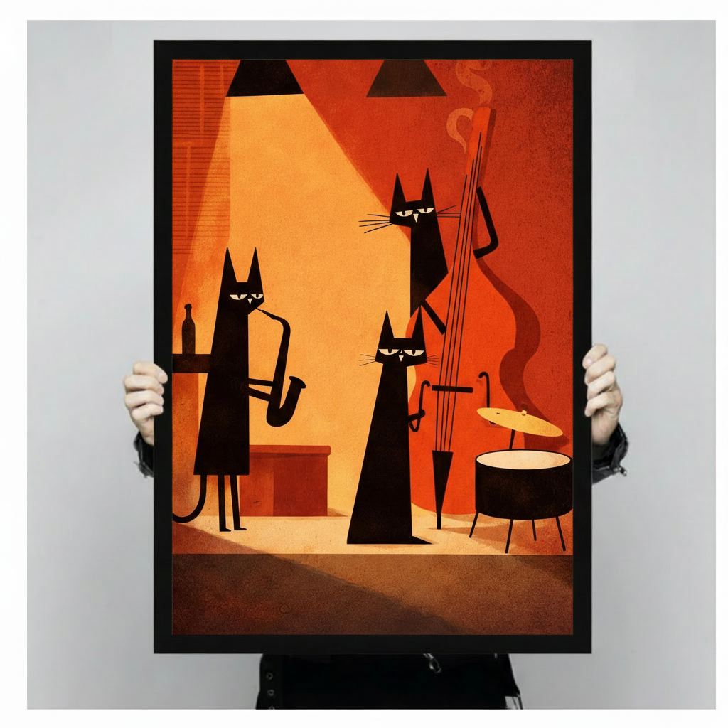 Person holding a large black framed retro jazz cat band art print showing print size scale with bold orange and amber stage lighting detail
