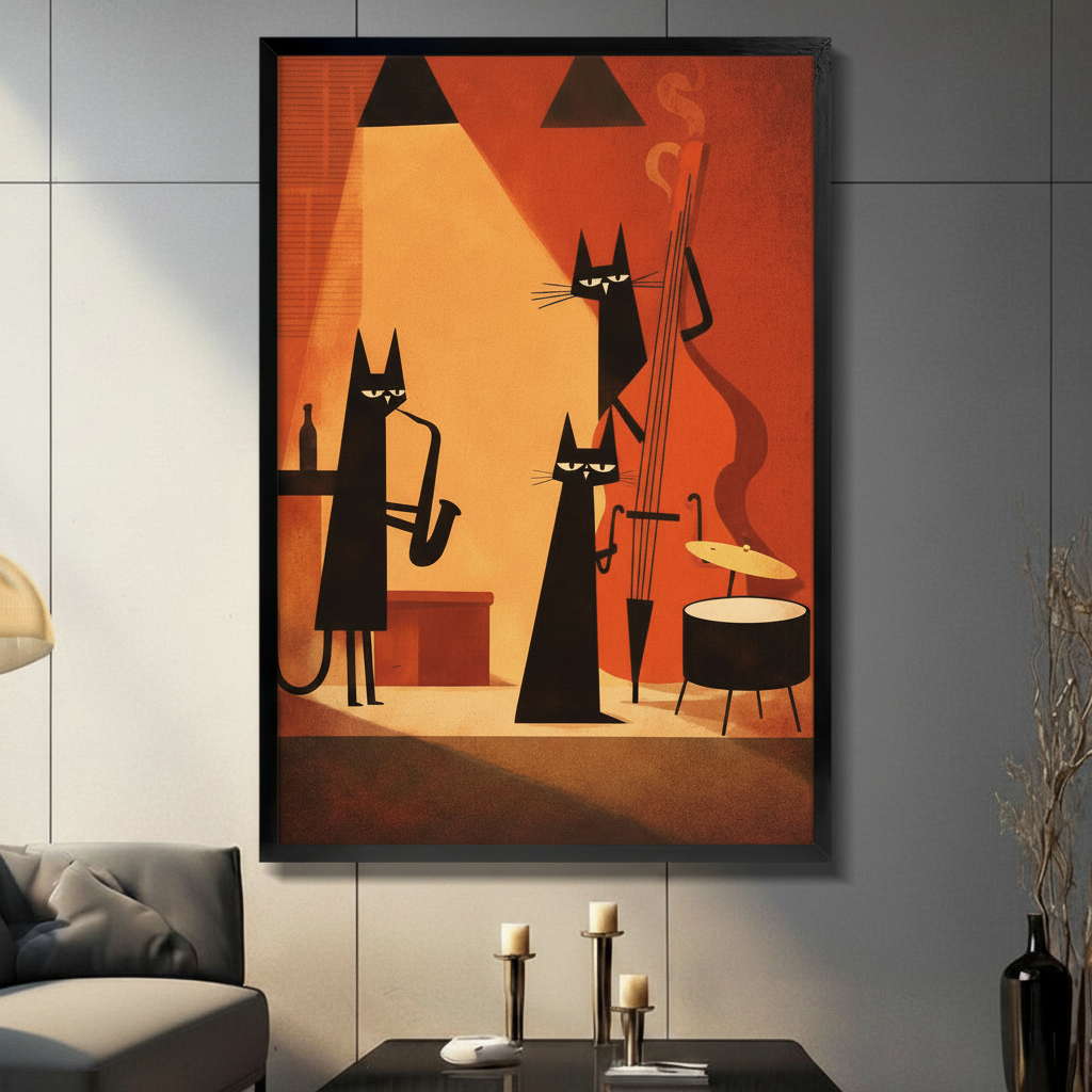 Framed mid-century jazz cat band wall art with black cats playing saxophone and double bass on an orange background displayed above a console table in a modern living room