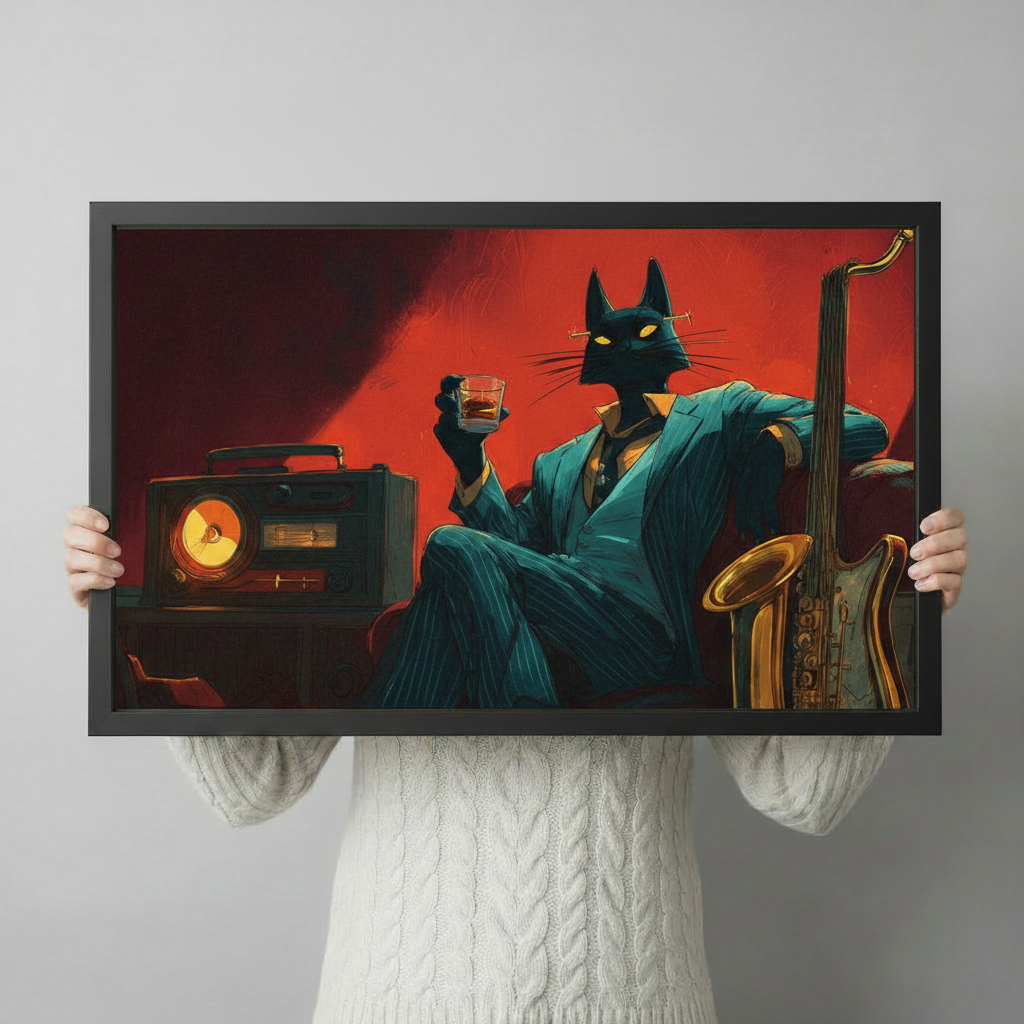 Jazz cat canvas art detail – bold graphic illustration with deep crimson, teal and gold palette