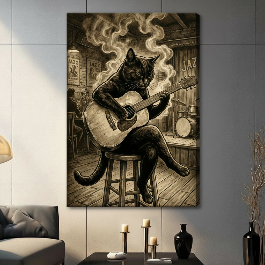 Stretched canvas black cat guitarist jazz bar wall art in sepia tones, gallery-wrapped vintage music illustration displayed in dark moody living room above console table