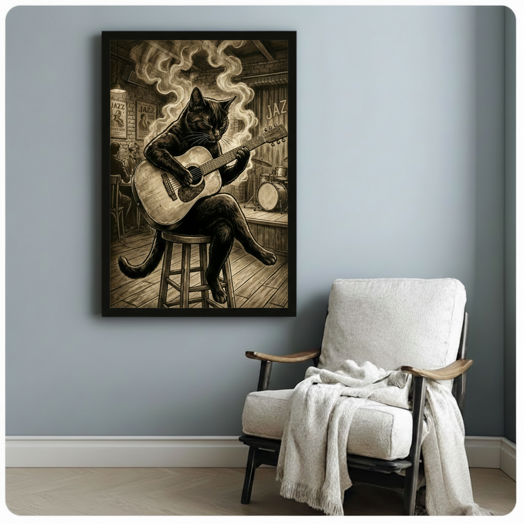 Vintage jazz cat playing guitar framed art print in black frame on blue-gray wall beside white linen armchair, retro sepia music wall decor for reading nook or study