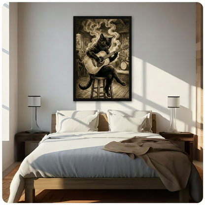 Retro jazz cat playing guitar framed canvas wall art in black frame above wooden bed with white linen bedding, vintage sepia music illustration for bedroom statement wall