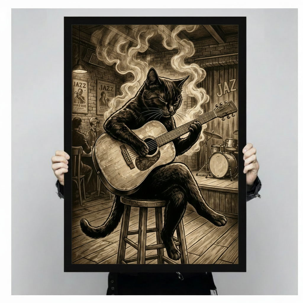 Black cat acoustic guitar jazz bar art print held up showing full artwork and size, vintage sepia illustration in black frame against neutral gray background