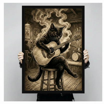 Black cat acoustic guitar jazz bar art print held up showing full artwork and size, vintage sepia illustration in black frame against neutral gray background