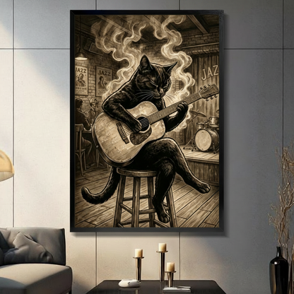 Black cat playing acoustic guitar in jazz bar framed wall art in black frame above console table with candles, vintage sepia music illustration for moody living room decor