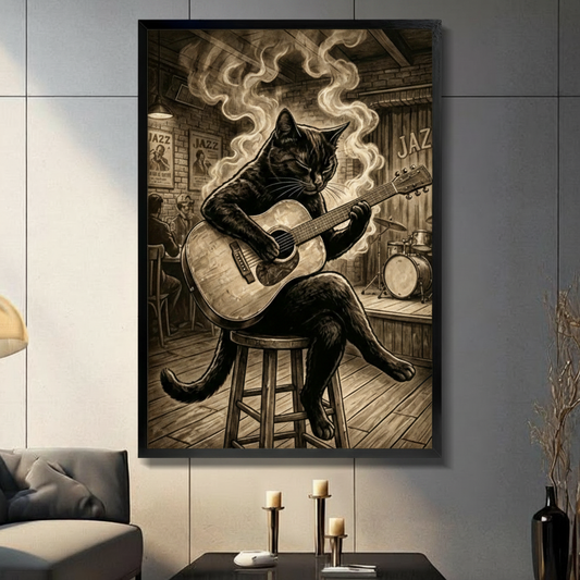Black cat playing acoustic guitar in jazz bar framed wall art in black frame above console table with candles, vintage sepia music illustration for moody living room decor