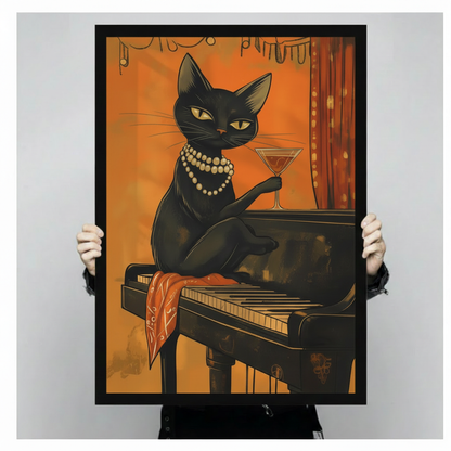 Close-up of retro jazz black cat with cocktail and piano print — premium quality fine art poster, vibrant amber tones