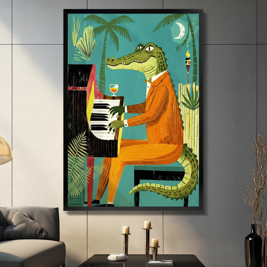 Framed jazz crocodile in orange suit playing piano under palm trees with crescent moon and tiki torch wall art displayed above a console table with candlesticks in a contemporary grey living room