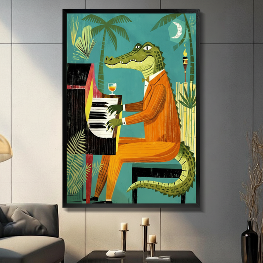 Framed jazz crocodile in orange suit playing piano under palm trees with crescent moon and tiki torch wall art displayed above a console table with candlesticks in a contemporary grey living room