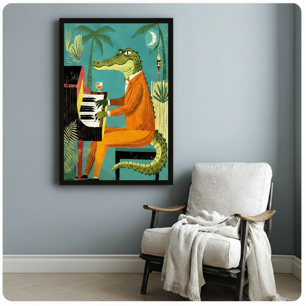 Black framed jazz crocodile pianist in orange suit with tropical palm trees and crescent moon art print on a blue-grey wall beside a white linen armchair with draped throw blanket