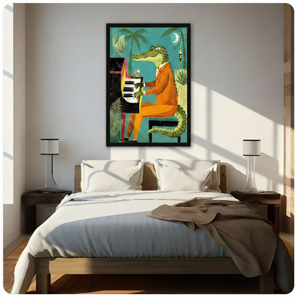 Framed dapper crocodile jazz pianist in orange pinstripe suit under tropical palm trees and crescent moon wall art hung above a wooden bed with white bedding in a bright sunlit minimalist bedroom