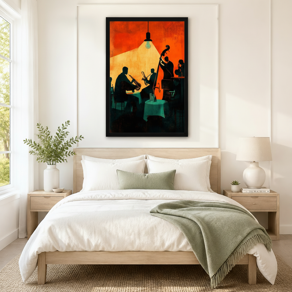 Framed retro jazz music wall art of silhouetted band members performing under a glowing pendant light with a deep orange and black color palette, displayed above a neutral linen bed in a serene Scandinavian bedroom