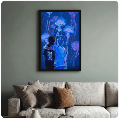 Framed deep blue jellyfish and skeleton figure canvas print hanging above a cream sofa in a sage green living room