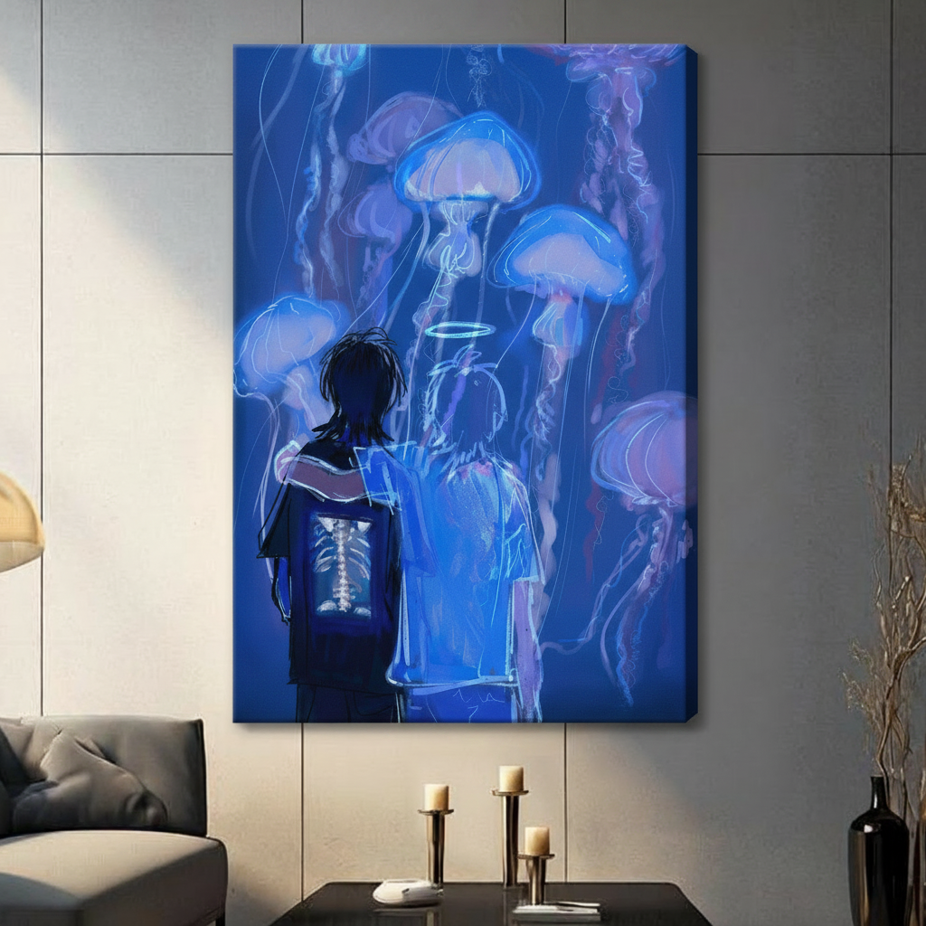 Unframed canvas wrap of two silhouette figures surrounded by glowing blue jellyfish, mounted on a grey panel wall