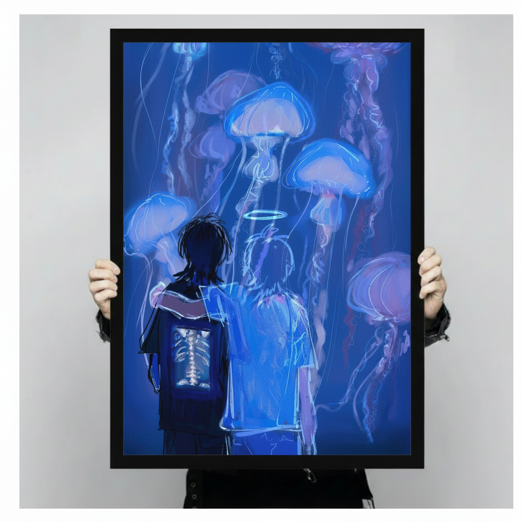 Person holding a large black framed glowing jellyfish and two figures wall art print showing print size against a neutral grey background