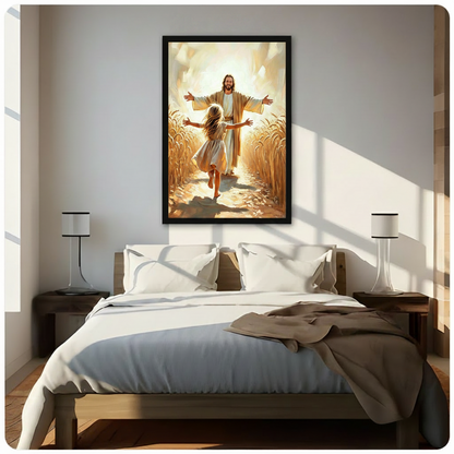 Jesus with open arms welcoming barefoot girl in golden wheat field faith oil painting in black float frame on white bedroom wall above bed with white bedding and cylindrical bedside lamps