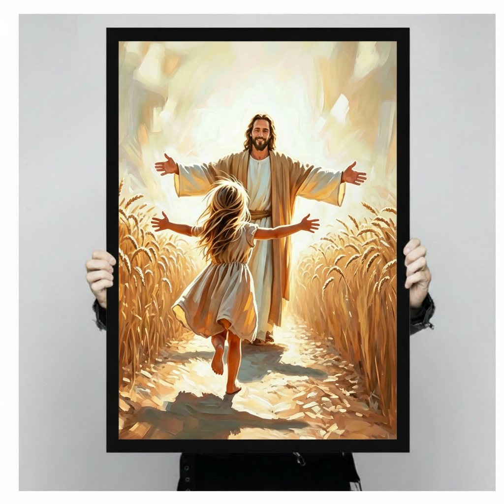 Jesus with open arms welcoming barefoot girl in golden wheat field faith oil painting in black float frame held up by two hands against plain light gray background showing print size