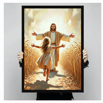 Jesus with open arms welcoming barefoot girl in golden wheat field faith oil painting in black float frame held up by two hands against plain light gray background showing print size