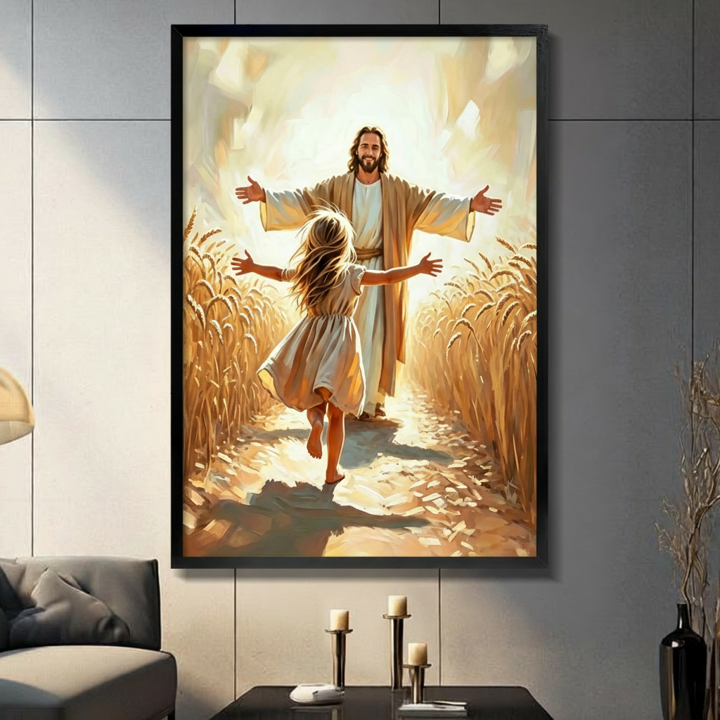 Jesus with open arms welcoming barefoot girl in golden wheat field faith oil painting in black float frame on dark gray wall above console table with candles beside gray sofa