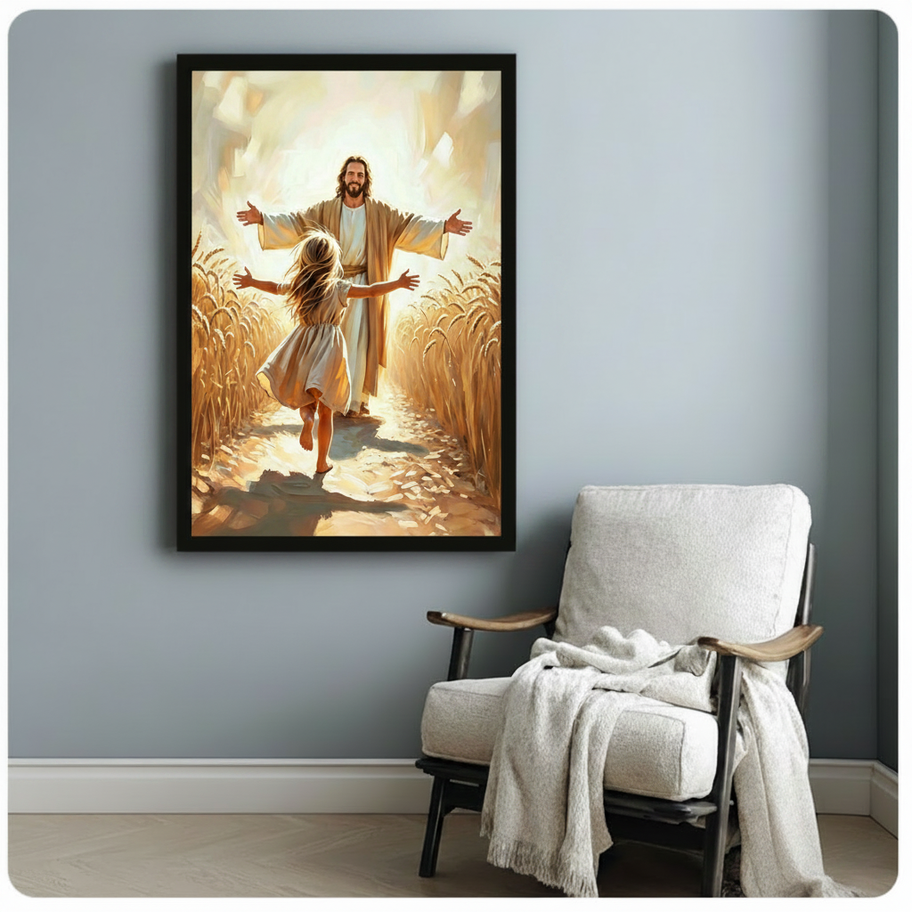 Jesus with open arms welcoming barefoot girl in golden wheat field faith oil painting in black float frame on blue-gray wall beside white linen reading chair with cream throw blanket